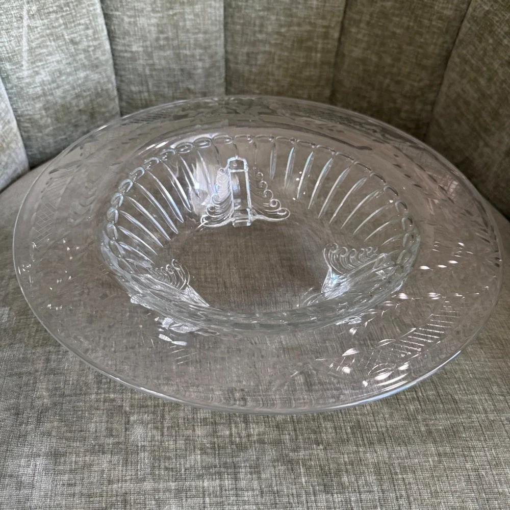 Vintage Etched Glass Footed Centerpiece Console Bowl 12.5